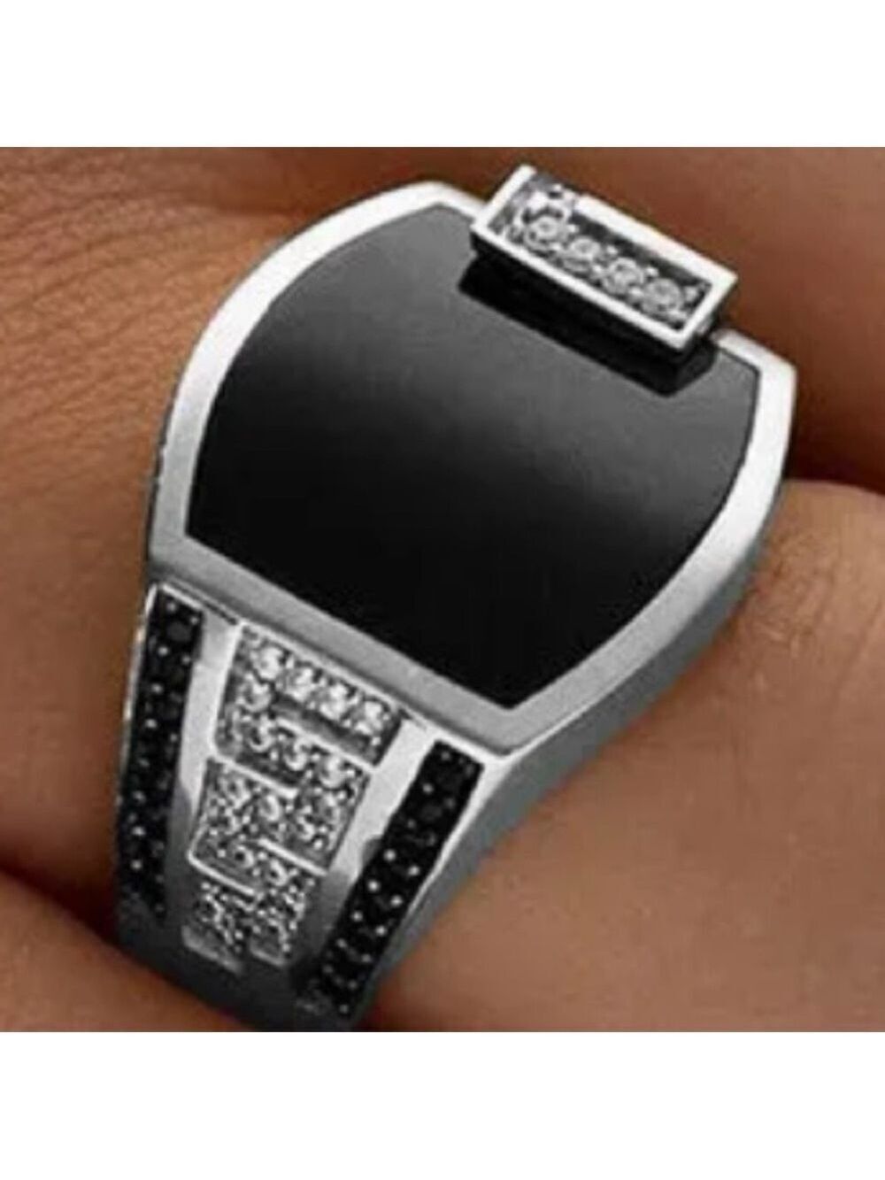 Sterling Silver Mens Ring Black Onyx Crystal US Size